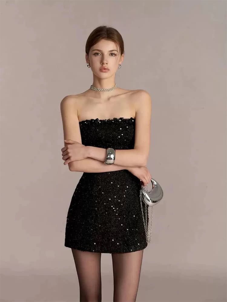 Abito da damigella d'onore nero alla moda, dolce e piccante, con paillettes, da donna, modellante, da sera, a vita alta, gonna a trapezio, con cerniera