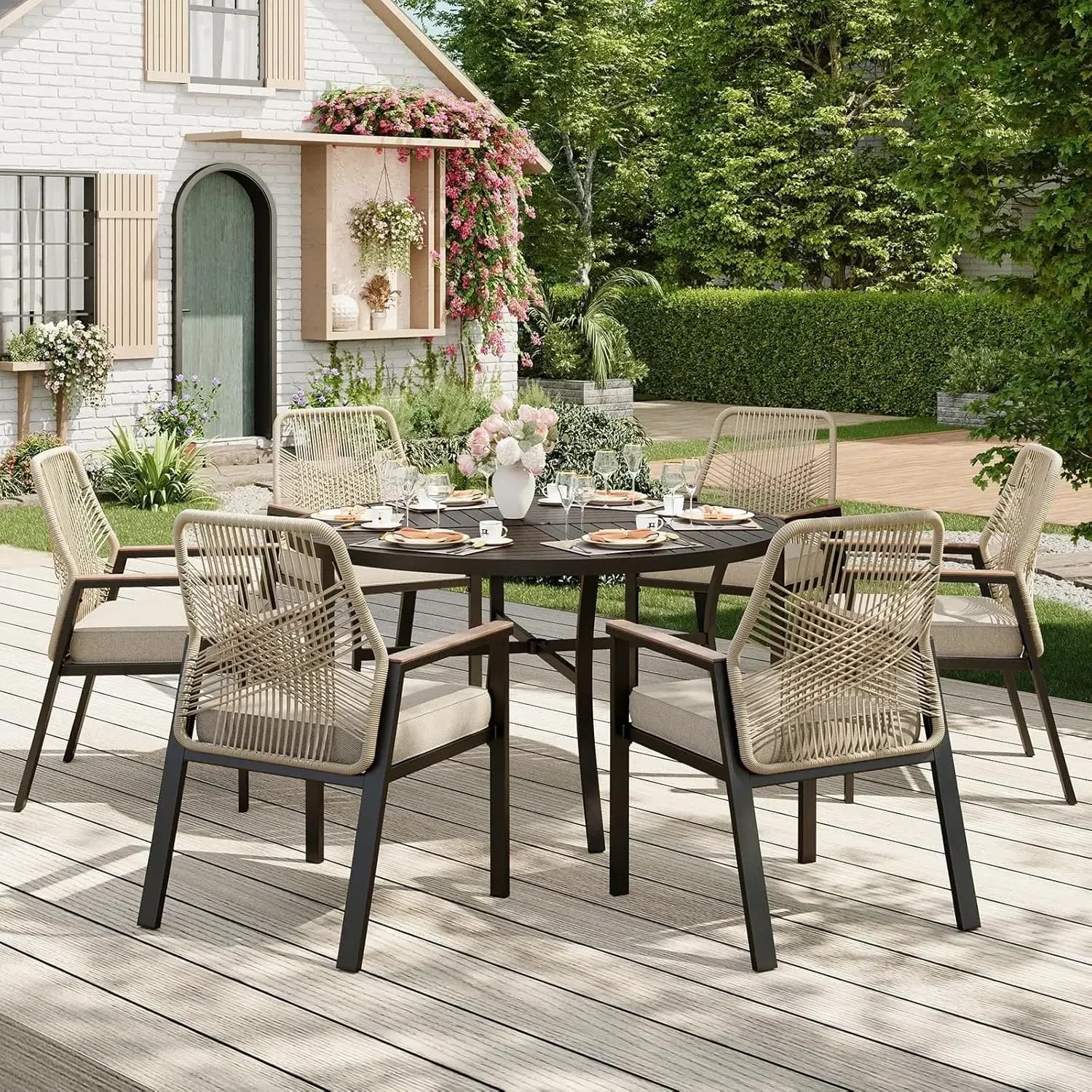 Set da Pranzo Rotondo da Esterno 7 Pezzi per 6 Persone, Set da Pranzo da Patio con Sedie in Vimini e Rattan con Cuscini Morbidi e Tavolo Rotondo da 54 Pollici, Personalizzabile