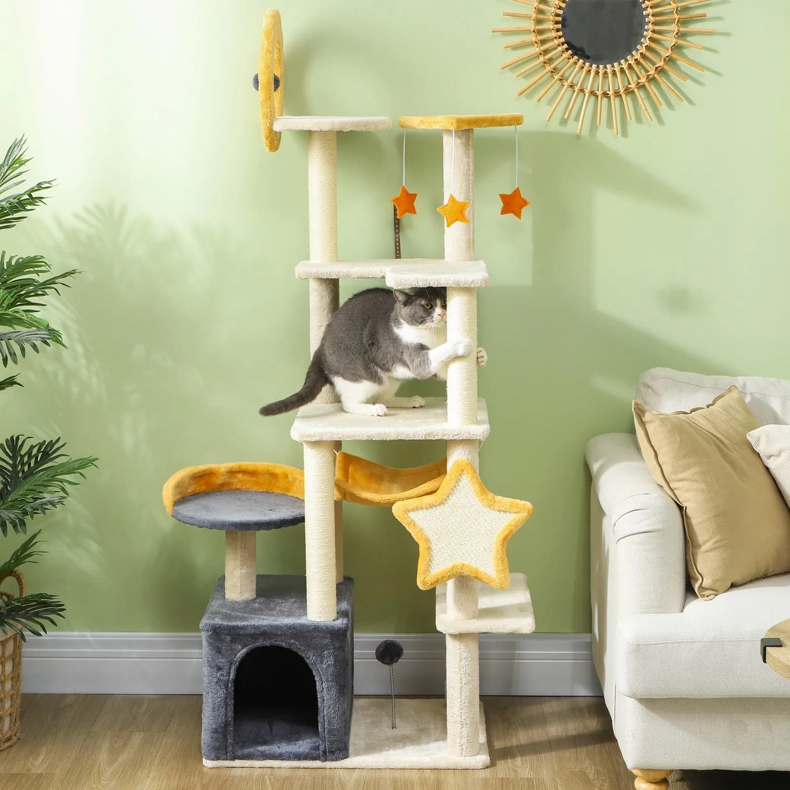 Albero per Gatti, Torre per Gatti a Tema Luna e Stelle, 63 Pollici, Beige