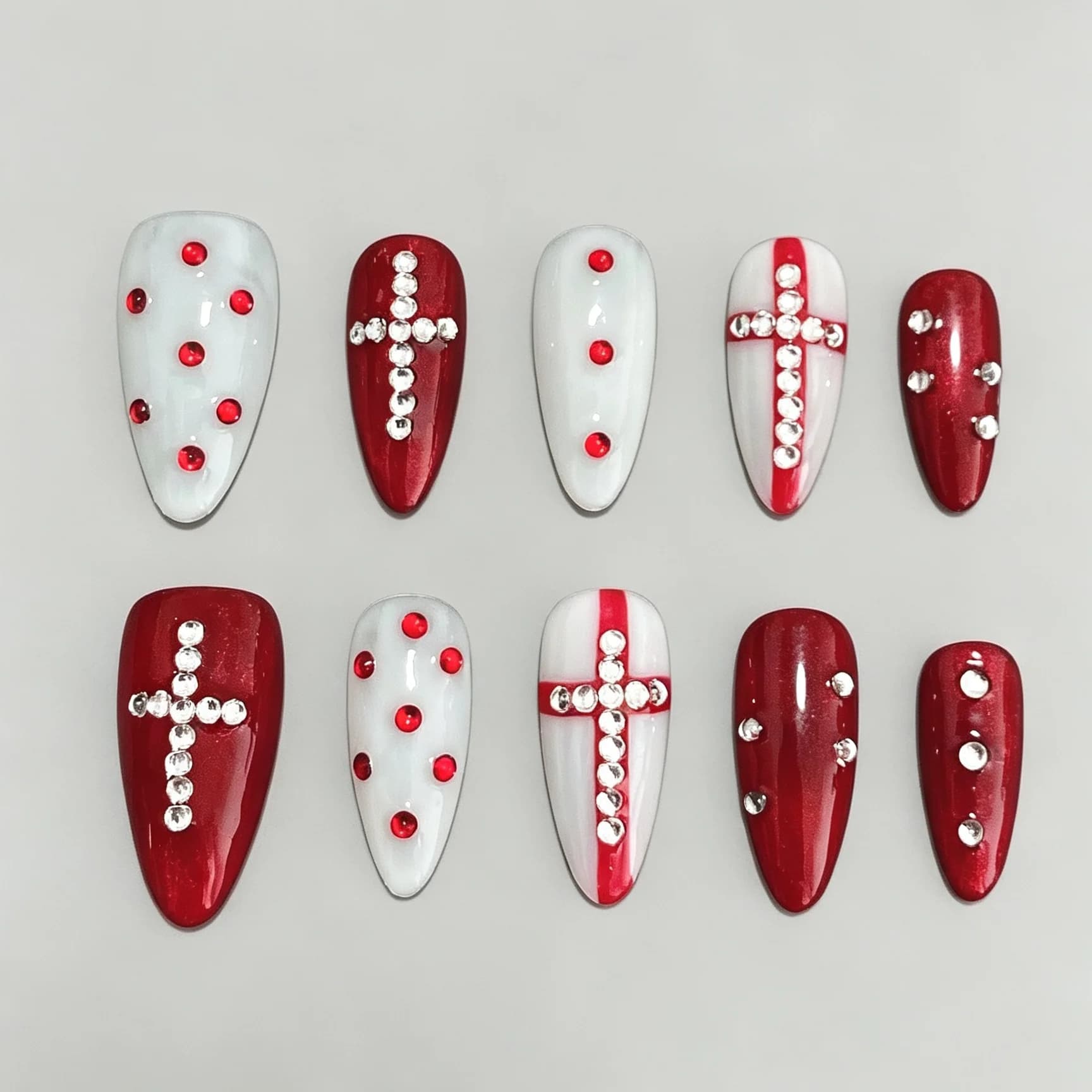 Almond 10Pcs Press On Nails, Red White Cross Rhinestone Fake Nails, Y2K Cool Handmade Reusable Nail Art