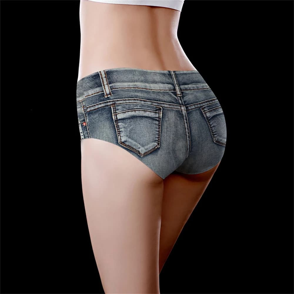 1PC Denim Printed Ice silk Seamless Underwear Mid-waist Women's One-piece Triangle Pants Printed Underwear