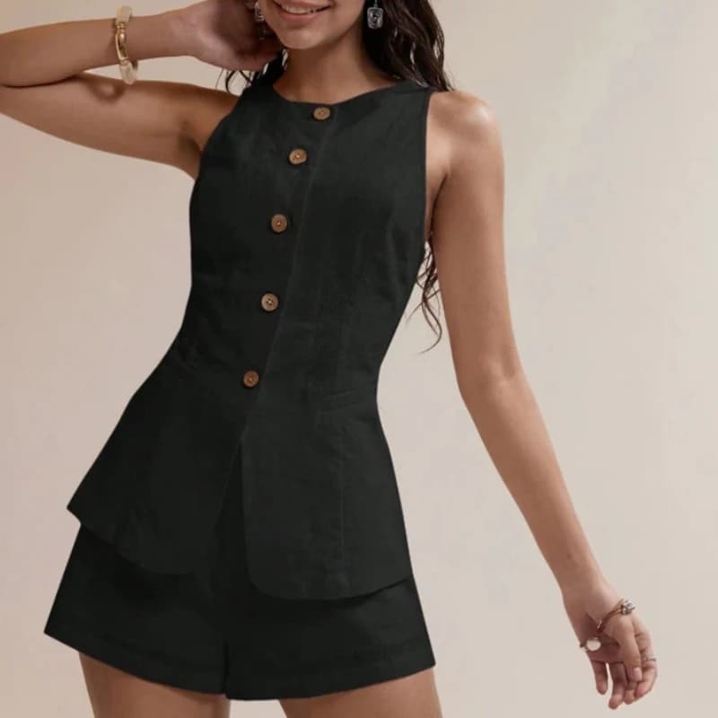 Female O-neck Button Vest Top + Shorts Suit Casual Sleeveless Formal Outfits Simple Solid Color Slim Fit Commuting 2 Piece Set