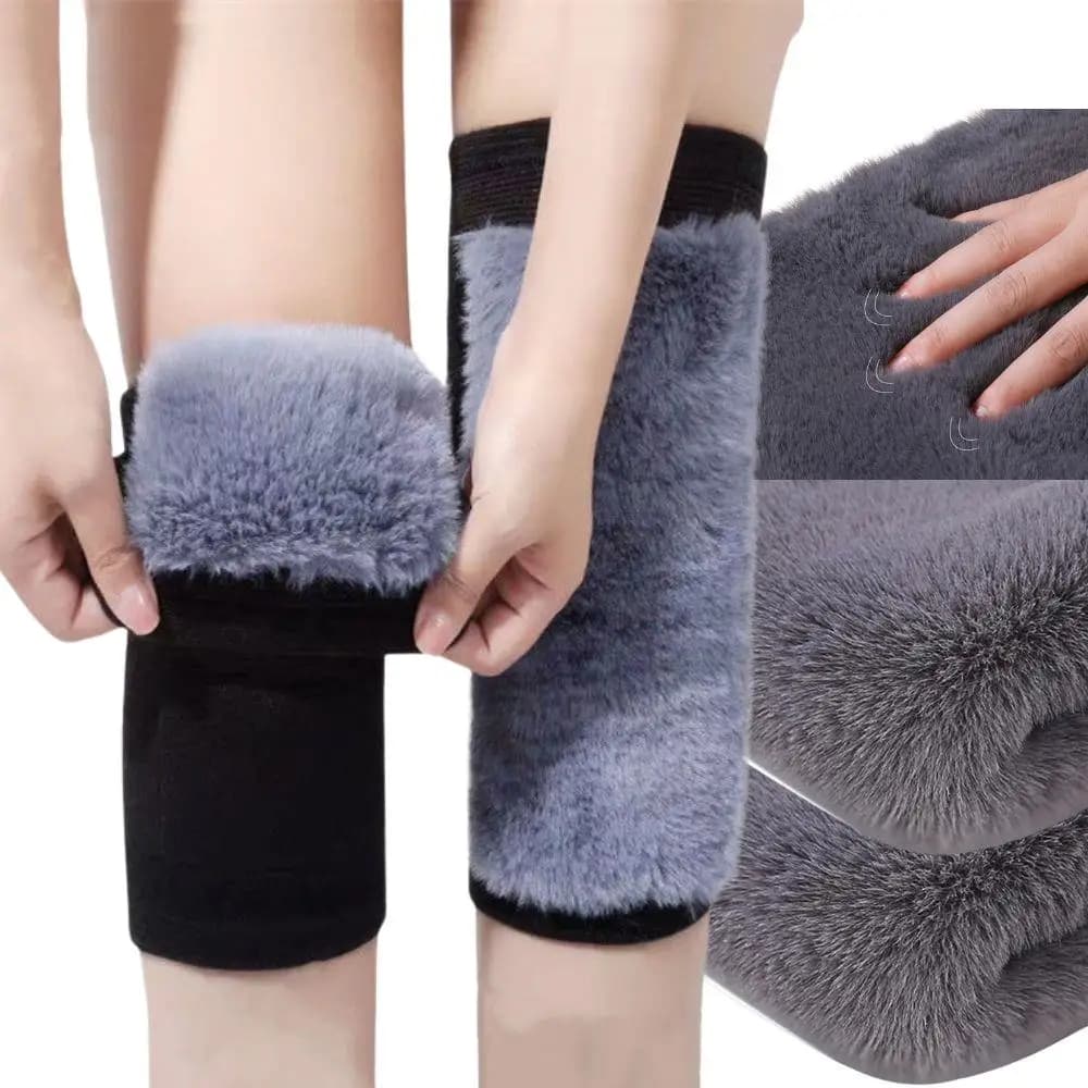 1 pair of winter hot knee pads rabbit fur coat warmer men's cold leg arthritis sports cycling slip leg protection