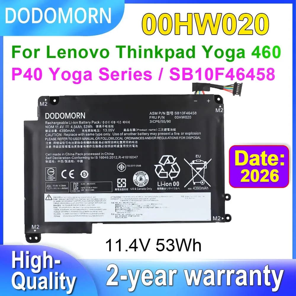 DODOMORN 00HW020 Batteria per laptop per Lenovo ThinkPad Yoga 460/P40 Yoga 20GQ Serie 00HW021 SB10F46458 SB10F46459 11.4V 53Wh