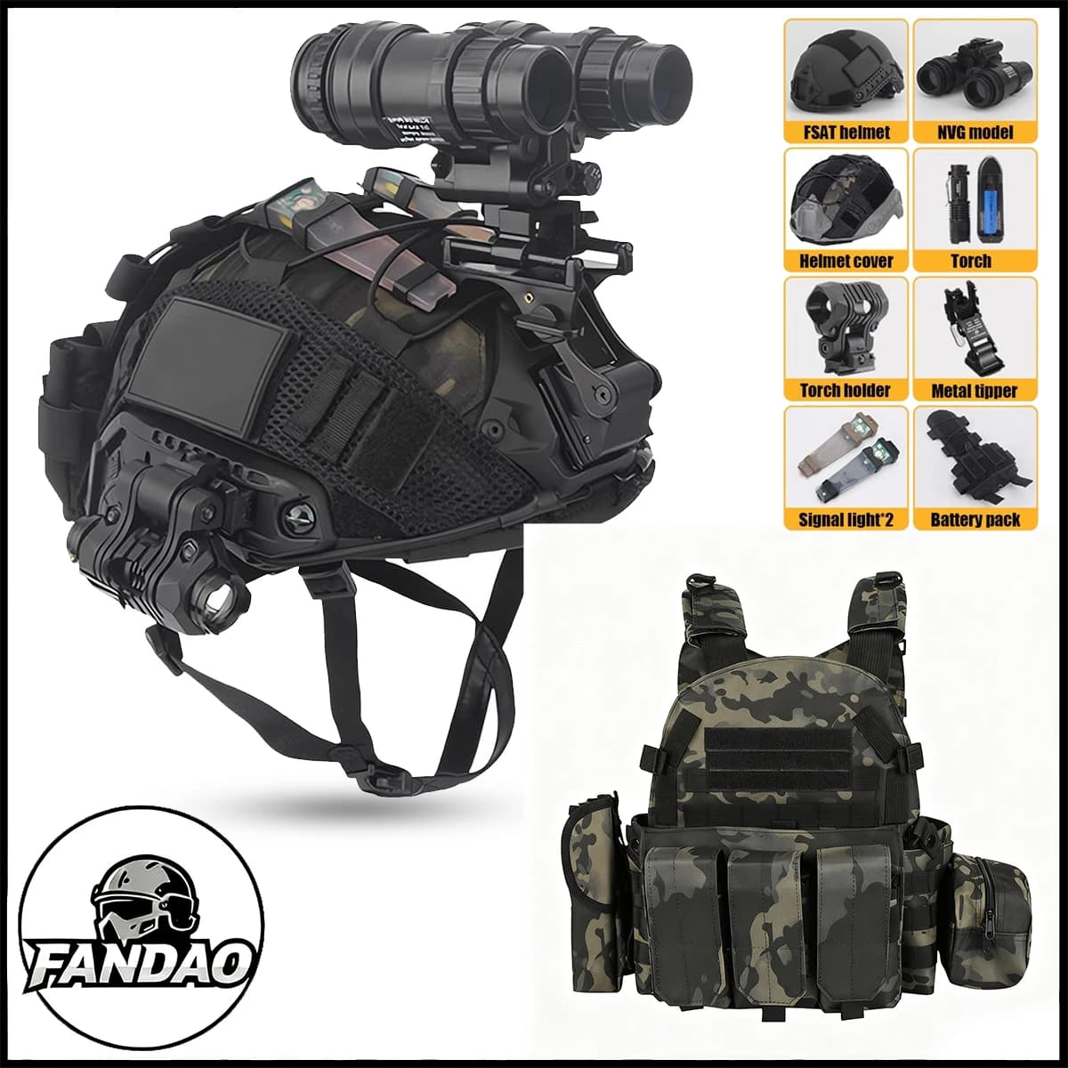 Set di caschi tattici con torcia modello binoculare NVG CS Gioco di paintball all'aperto Gilet softair mimetico veloce Attrezzatura per fan militari