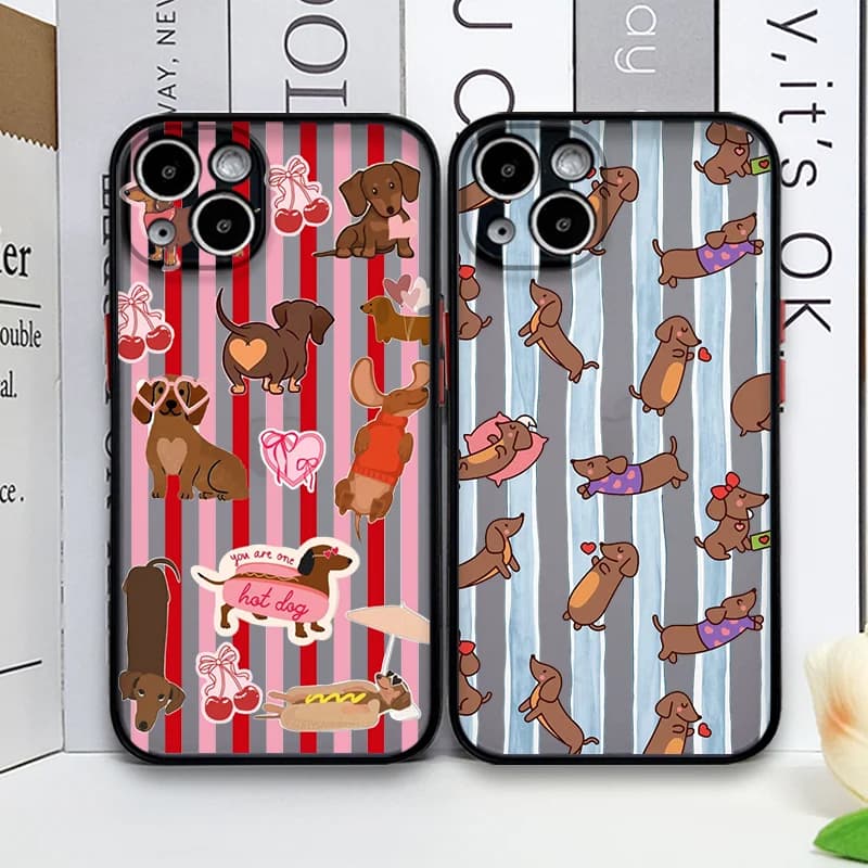 Custodia Rigida per iPhone con Stampa a Righe di Simpatico Cane Bassotto per iPhone 17 16 Pro Max 15 14 13 12 11 Mini X XS 7 Plus