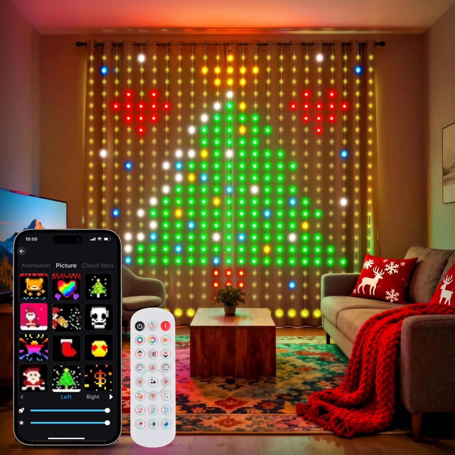 Luci per tende natalizie Smart APP controllata Modello di testo fai-da-te Animazione Ghirlanda LED Luci a corda RGB Decorazioni natalizie per la stanza dei matrimoni