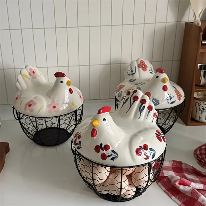 Cestino per uova in ceramica a forma di gallina, stile rustico, con coperchio, porta uova in ceramica, contenitore per frutta/verdura da cucina.