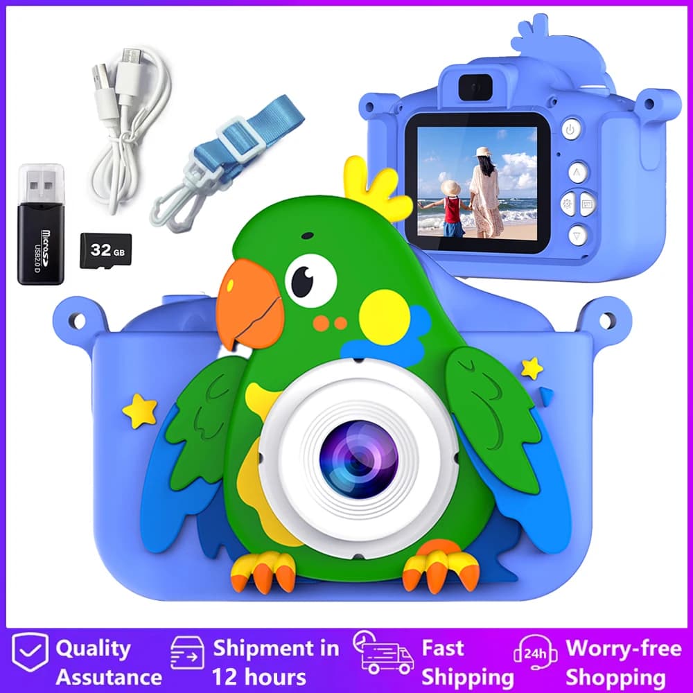 Digital camera for kids 2 inches 1080P HD screen video camera toy for kids cartoon parrot 32GB camera gift girls boy photo toy