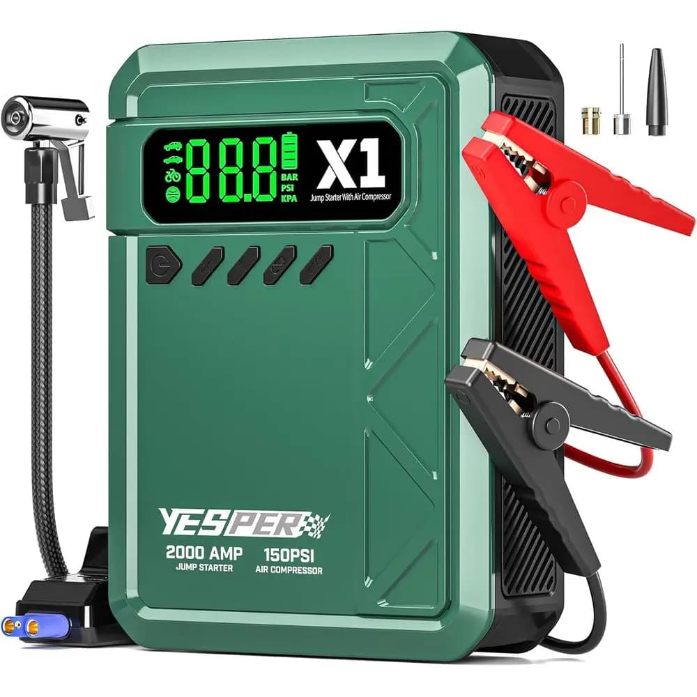 Compressore d'aria portatile 2000A 150PSI con avviatore di emergenza, serbatoio carburante da 8L/6L, booster per batteria auto 12V, display LCD, luci