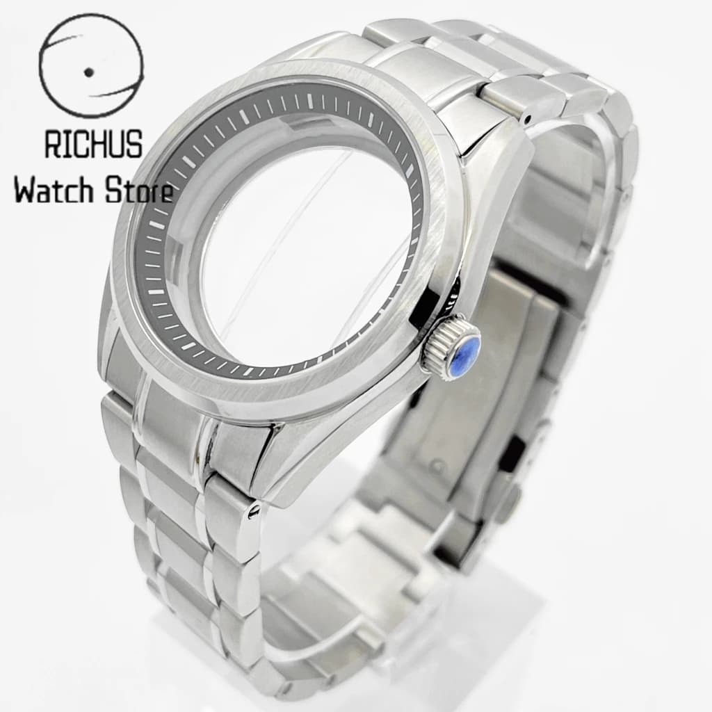 Cassa per Orologio NH35 40mm in Vetro Zaffiro Argento con Ghiera Nera/Bianca/Blu/Arancione Compatibile con Movimento NH35 NH36 Accessori per Orologi