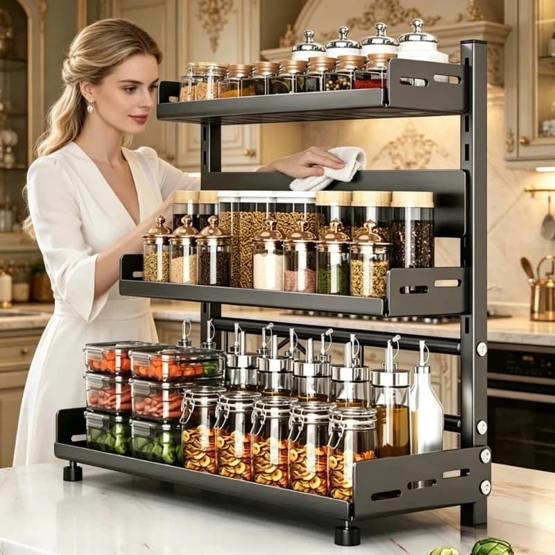 Scaffale porta spezie a 3 livelli per piano di lavoro, organizer regolabile per spezie da armadio, scaffale in metallo nero per cucina
