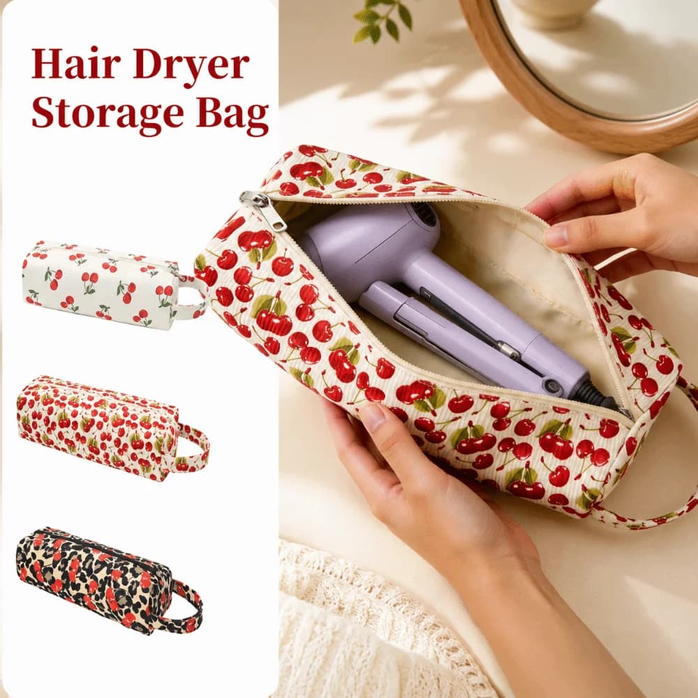 Large Capacity Hair Dryer Storage Bag Cherry Portable Curling Iron Carrying Case Dustproof with Handle Cosmetics Bag
