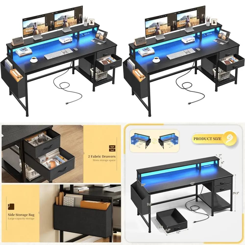 Scrivania da Gaming e Ufficio Nera 48 con Cassetti, Vano Portaoggetti, Prese di Corrente, Luci LED e Supporto Monitor per Uso Domestico