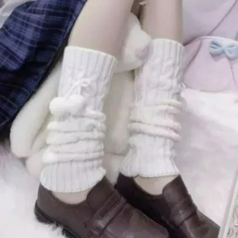 Winter White Lolita JK Leg Warmers with Ball Black White Knitted Warm Foot Cover for Lady Autumn Soft Crochet Sock Boot Cuffs