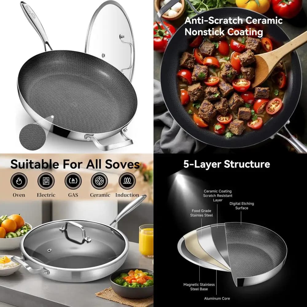 13 inch large three-layer stainless steel pan covered with ceramic lid, non-stick hybrid pan, PFOA free induction chef pa