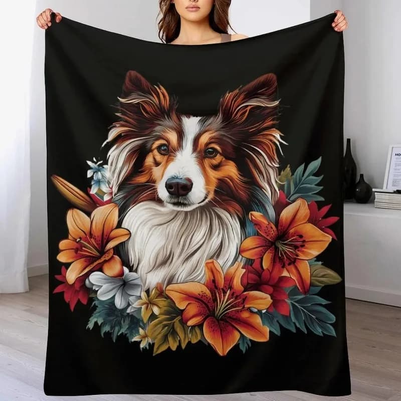 Coperta morbida per divano in flanella di velluto per camera da letto in poliestere stampato digitale con design a forma di cane pastore. Coperte morbide per divano in pile