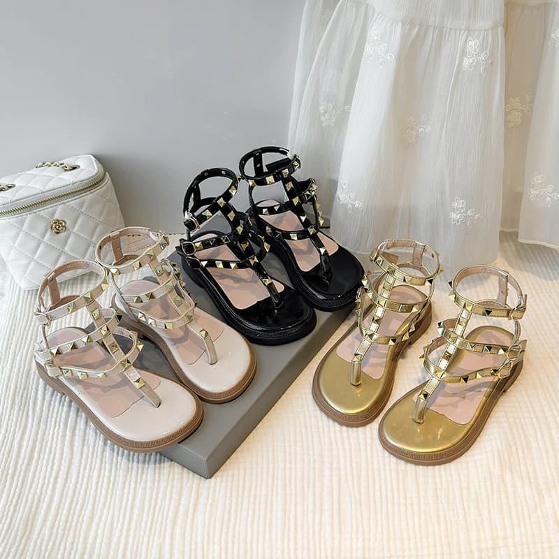 Sandali Romani per Bambine con Borchie Lucide, Nuova Collezione Estate 2026, Scarpe da Spiaggia a Piedi Nudi per Bambini, Suola Morbida, Sandali Classici Boho per Vacanze