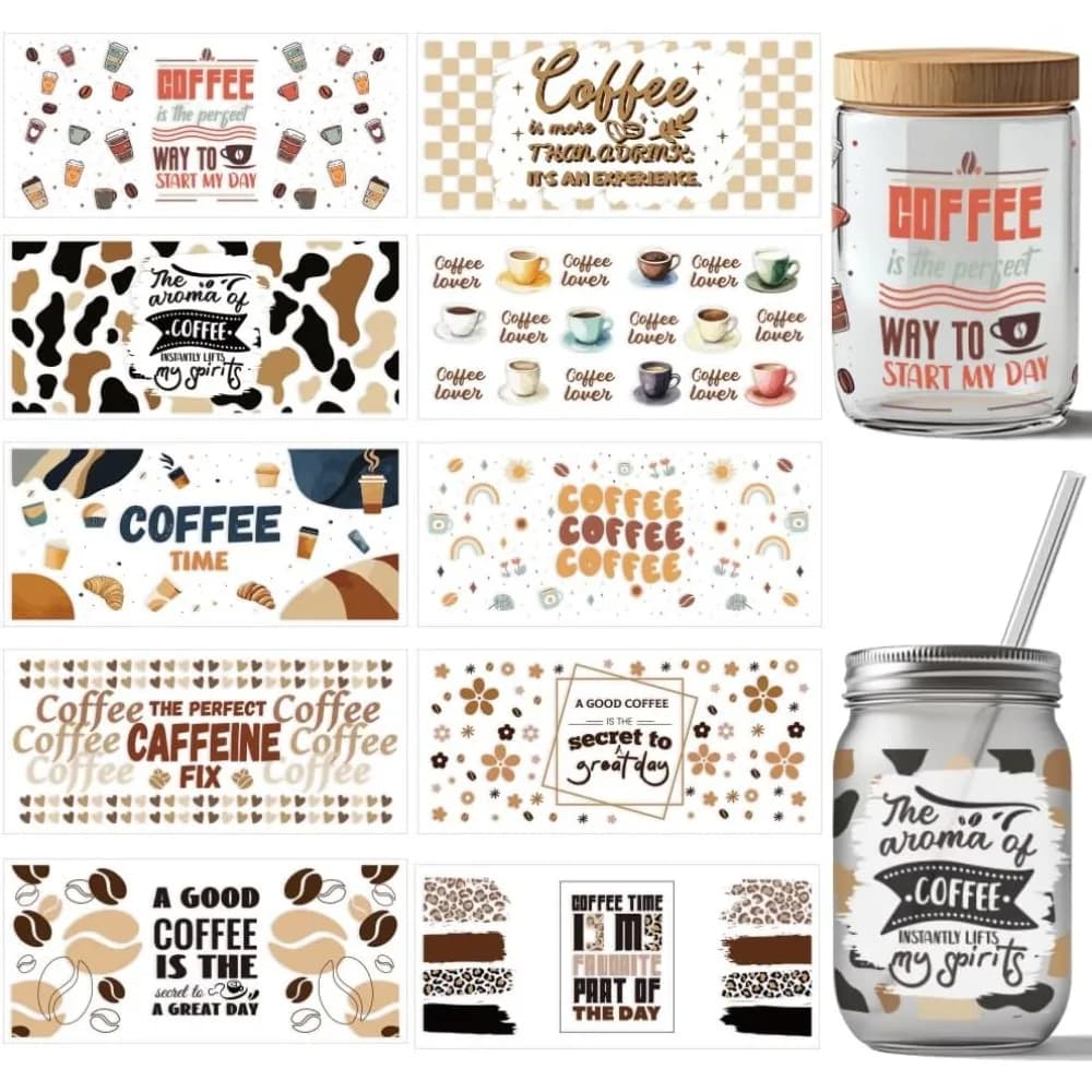 10 Sheets UV DTF Cup Wrap 10 Styles Coffee Theme Desserts Coffee Lover Rub on Transfers PVC Transfer Stickers Waterproof
