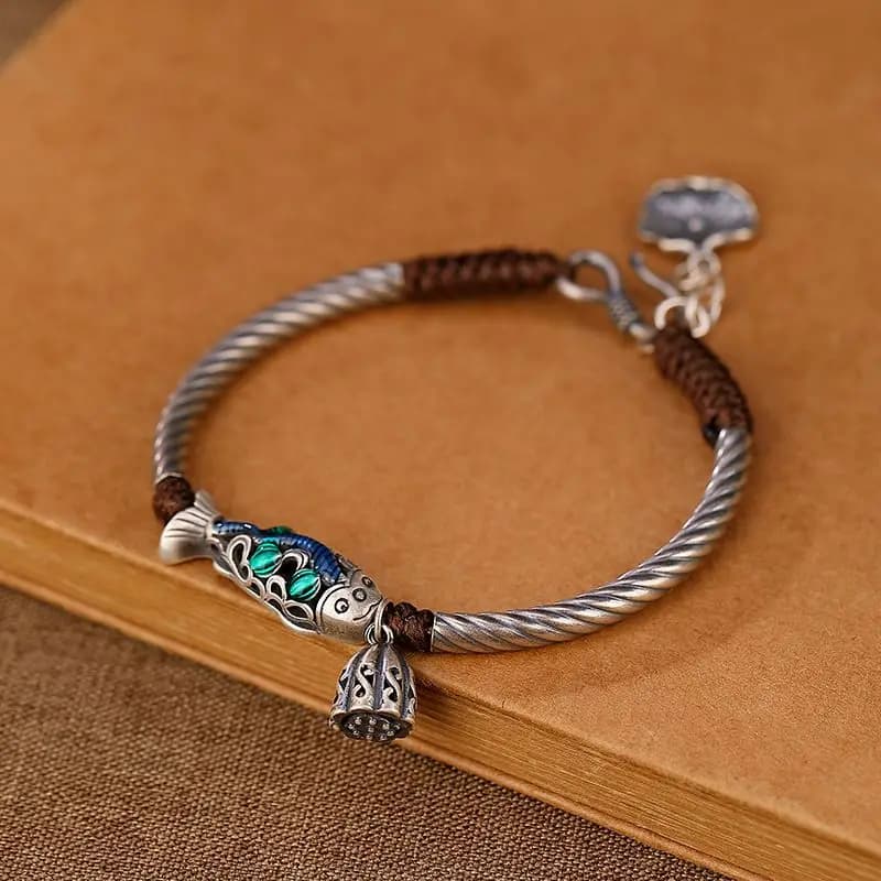 Chinese Vintage Style Enamel Koi Fish Lotus Seedpod Adjustable Bracelet Solid Sterling Silver Elegant Women Unique Jewelry Gift