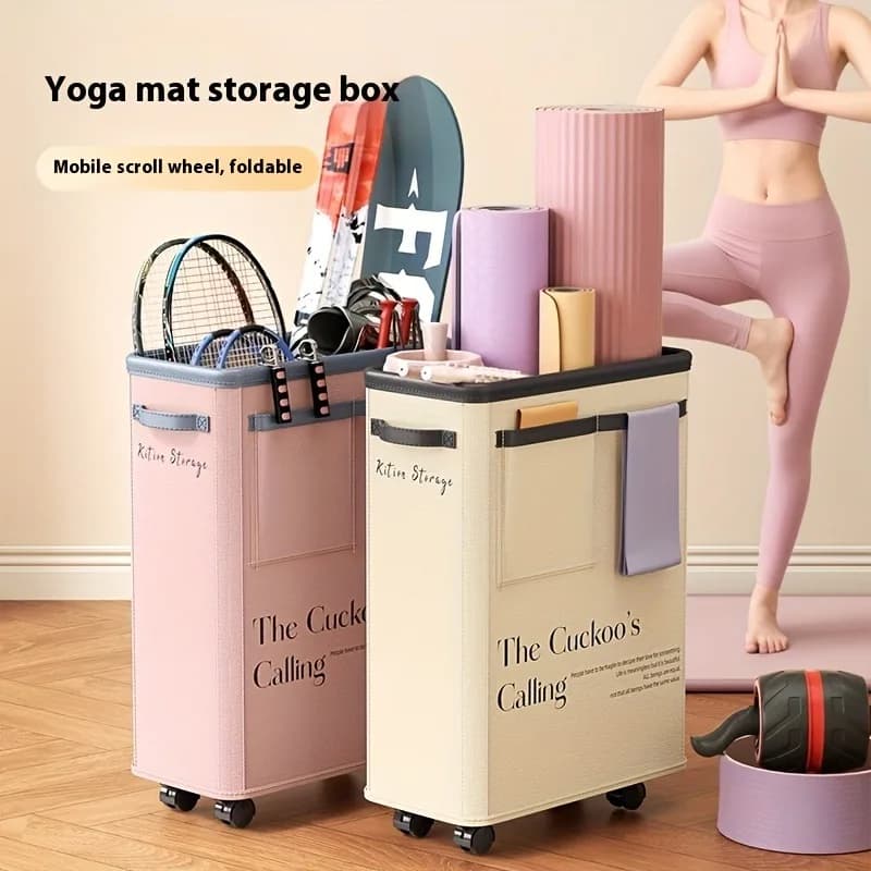 Yoga Mat Storage Basket with Wheels, Laundry Hamper Organizer for Home, Fitness Equipment Holder for Narrow Space