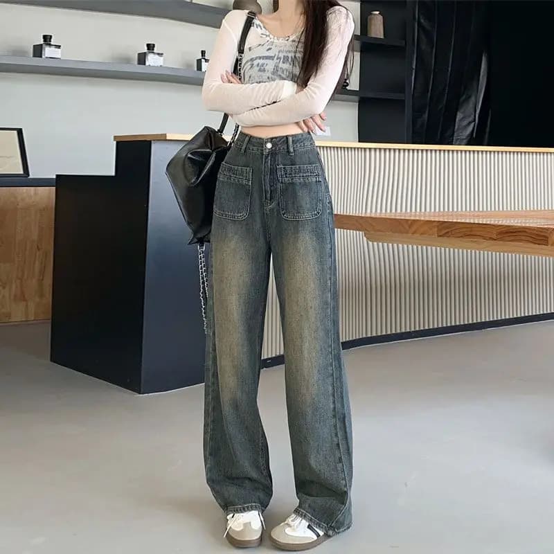 2025 moda nuove donne autunno jeans a gamba larga pantaloni in denim larghi coreano femminile a vita alta urbano dritto lungo pantaloni da strada