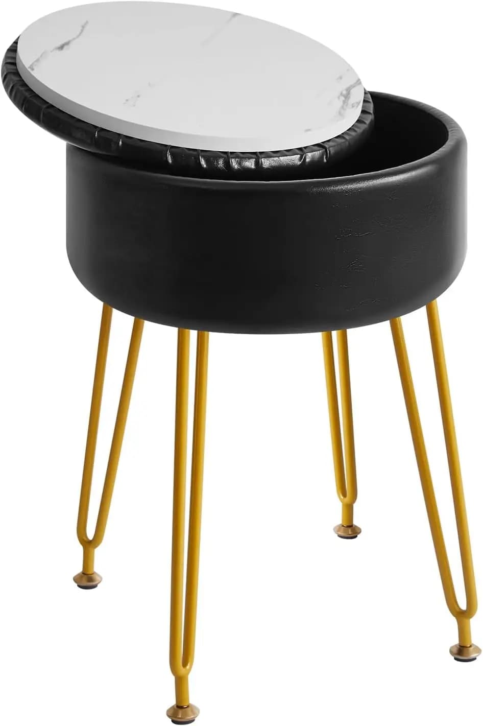 Sgabello Rotondo in Pelle con Contenitore, Poggiapiedi, Sedia per Trucco, Tavolino Laterale, Seduta per Toeletta in PU, Rivestimento Rimovibile
