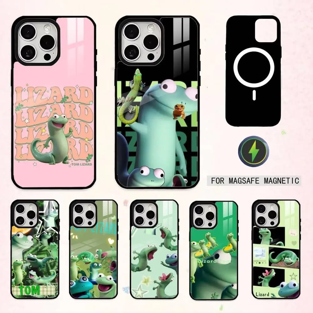 Cover per iPhone T-Tom il Lucertola per iPhone 17, 16, 15, 14, 13, 12, 11 Plus, Pro Max, Magnetica per Ricarica Wireless MagSafe