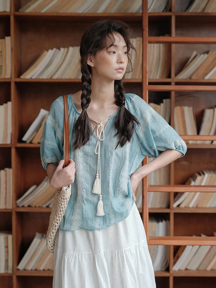 Camicia Etnica Ricamata Senza Maniche da Donna, Casual da Viaggio, con Cintura Intrecciata, Blusa a Maniche Corte dal Design Elegante