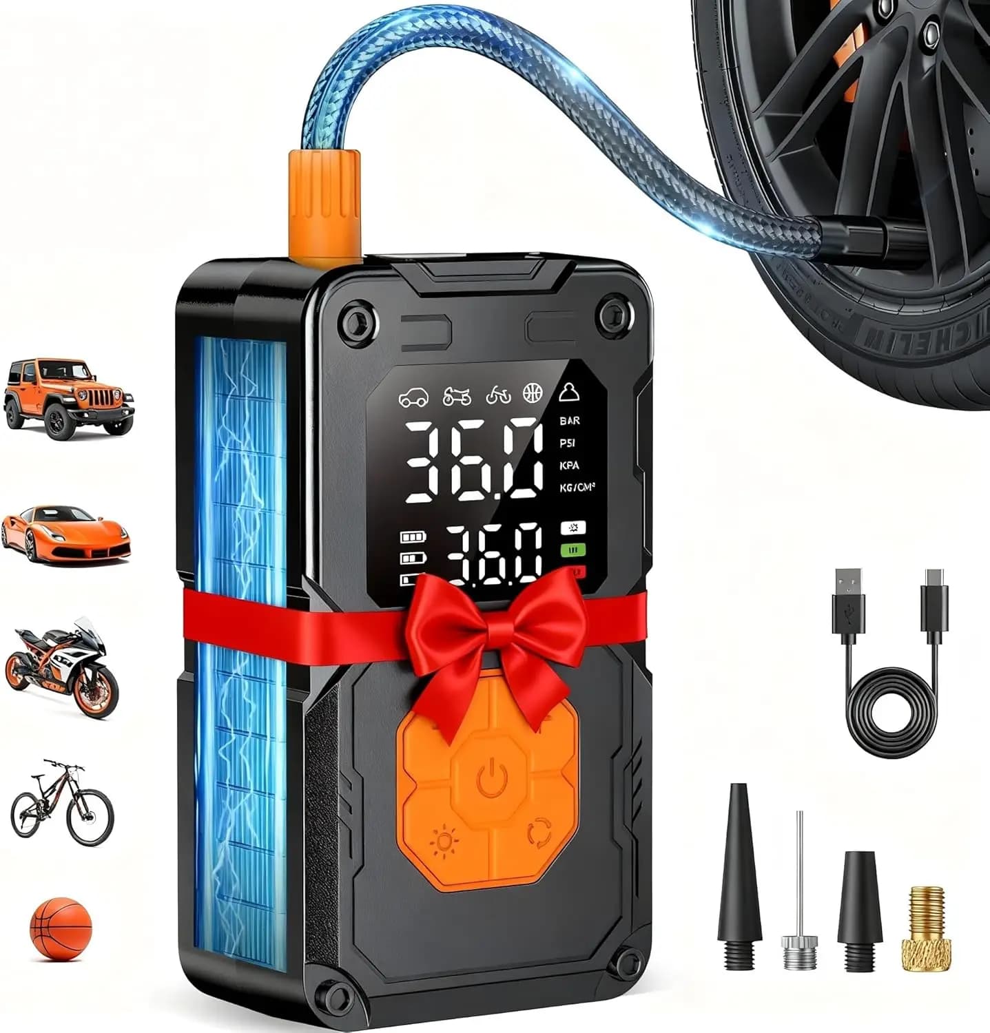 Wireless portable air compressor, 150 PSI tyre inflator for car and bike with LED light and pressure gauge