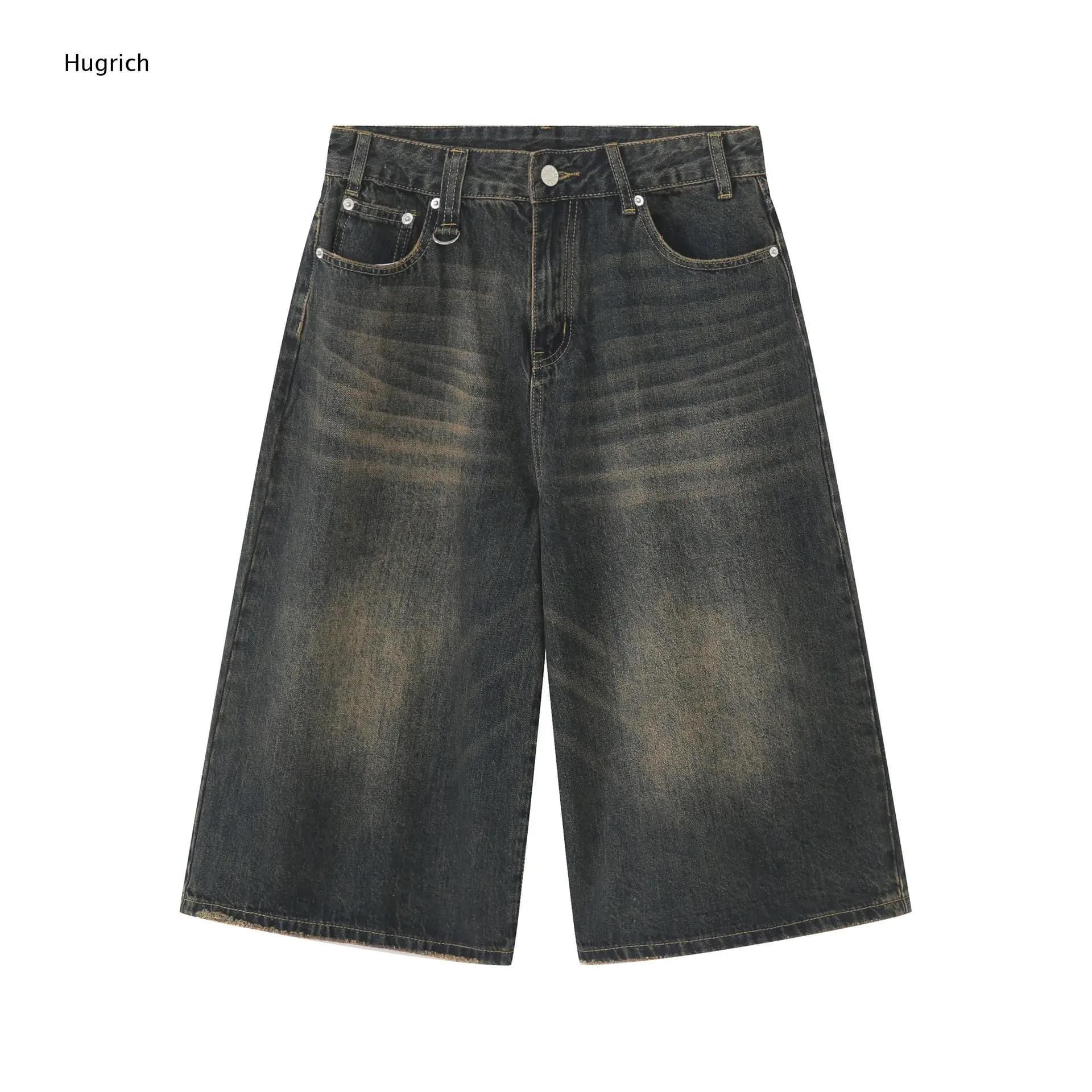 Antique Dark Wash D-Ring Waist Five Pocket Loose Baggy Summer Beach Urban Casual Bermuda Jean Shorts