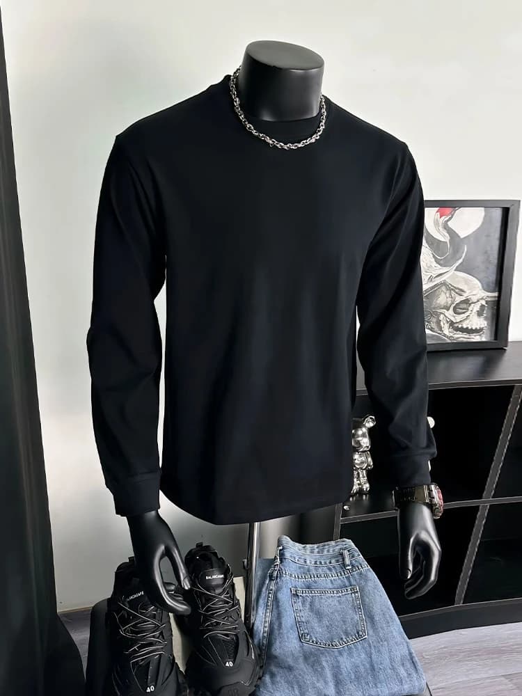 100% Cotton Long Sleeved Men's T-shirt Autumn 2025 Crew Neckline Plus Size Casual Top in High Quality Comfortable Solid Color