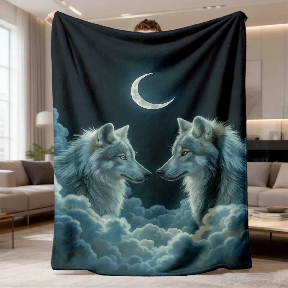 Crescent Moon Twin Wolves Flannel Throw Blanket Two Grey Wolves Face To Face In Clouds Under Glowing Crescent Moon