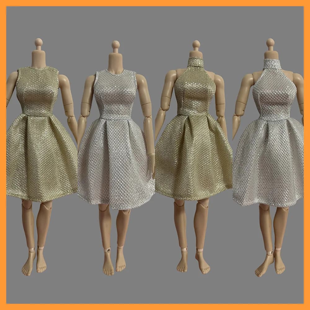 Mini abito da festa delicato femminile in scala 1/6 Abito da sera senza schienale con scollo all'americana argento/oro per giocattoli modello corpo action figure da 12 pollici fai da te
