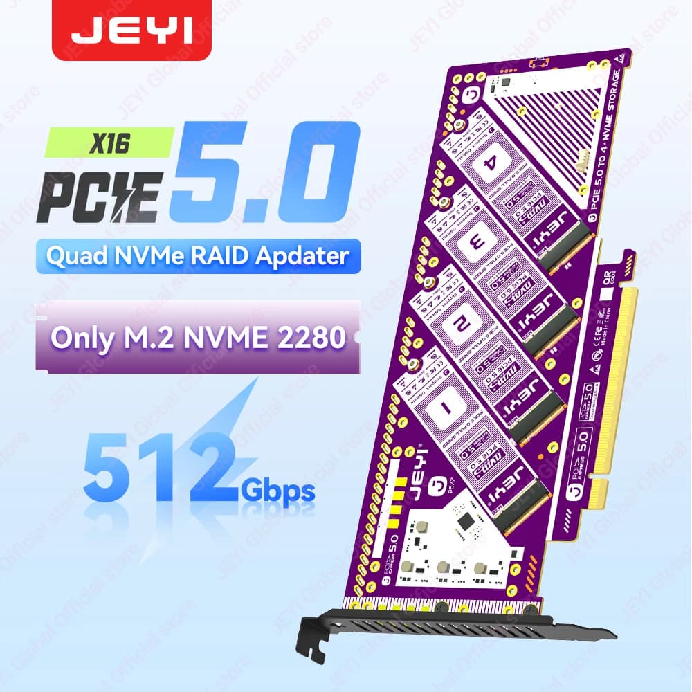Scheda di espansione JEYI PCIe 5.0 X16 Quad M.2 - RAID NVMe a 4 alloggiamenti 0/1/5/JBOD | Velocità 512Gb/s | 8 TB per SSD | Compatibile con PCIe 4.0/3.0