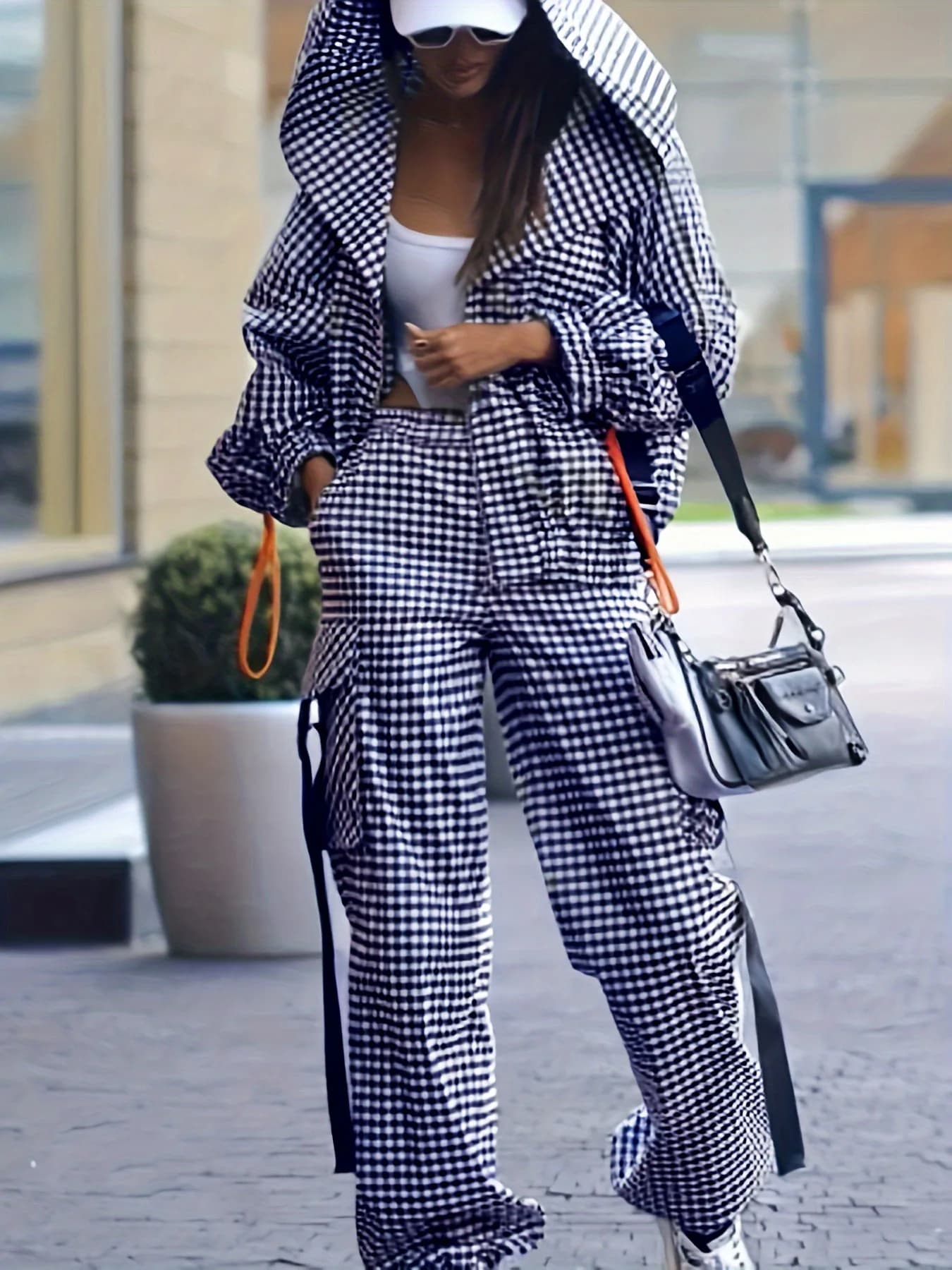 Primavera Autunno Casual Stampa scozzese Set da donna Tasca alla moda Felpa con cappuccio allentata Giacca a maniche lunghe + Pantaloni Abito da strada in 2 pezzi