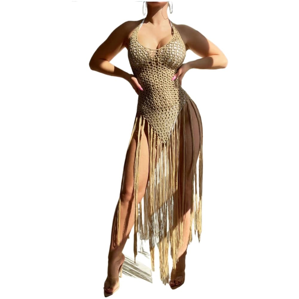 Gonna Copricostume Boho con Frange, Abito da Spiaggia all'Uncinetto Fatto a Mano, Stile Desertico, Set Bikini Due Pezzi Stile Dea Greca