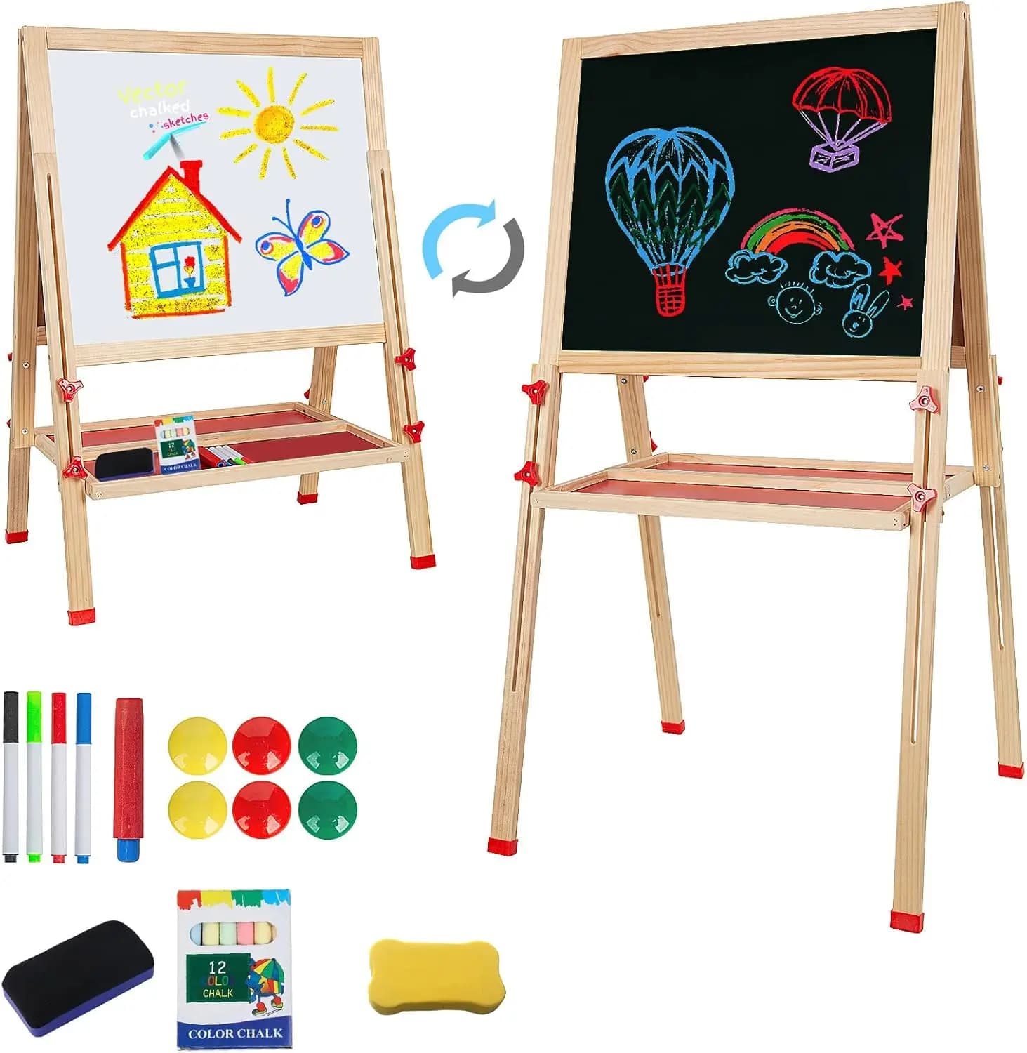 Cavalletto per bambini in legno regolabile con lavagna e lavagna cancellabile a secco, supporto artistico pieghevole per età 3-8, regalo di compleanno