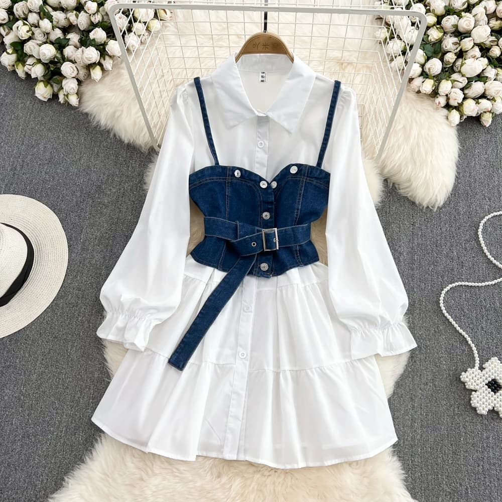 Retro Hong Kong Style Long Sleeve Single Button Denim Shirt Dress Two Piece Set High Waist A-Line Skirt Korean Commute Pure C...