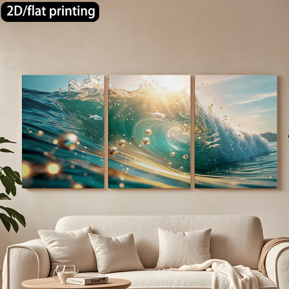 Set of 3 Squares on Frame with Wooden Frame: Dynamic Ocean Wave, Sparkling Solar Light, Fish. Corridor and Bedroom Decoration
