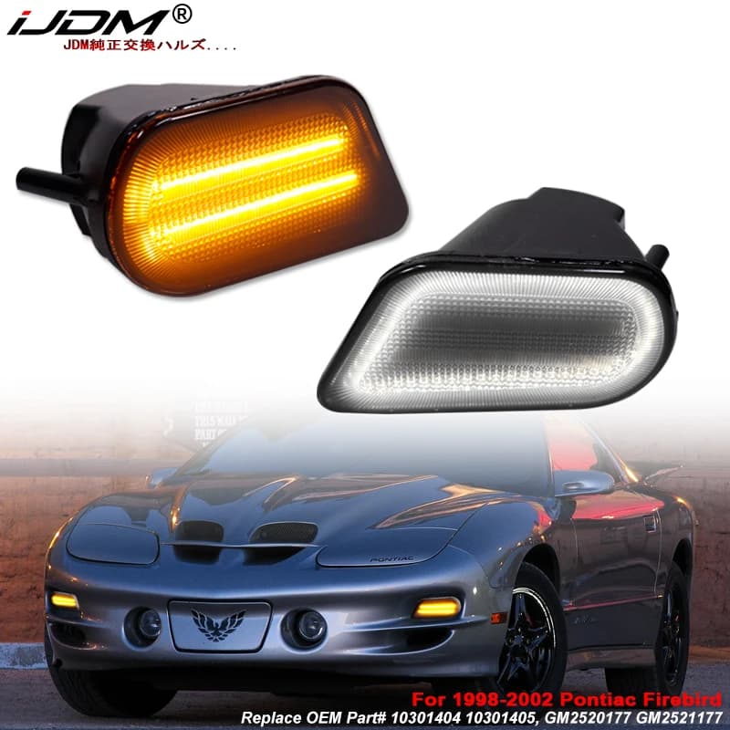 iJDM Car Front Turn Signal Lamp Assembly For 1998-2002 Pontiac Firebird Sequential LED Amber Turn Signal & White DRL Light