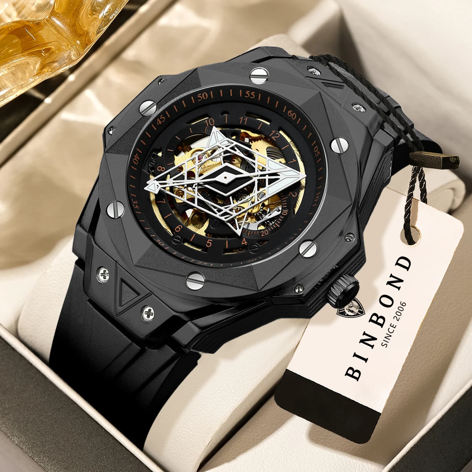 Orologio da uomo BINBOND automatico con tourbillon di precisione, orologio da polso meccanico da uomo, di lusso, luminoso, impermeabile, scheletrato.
