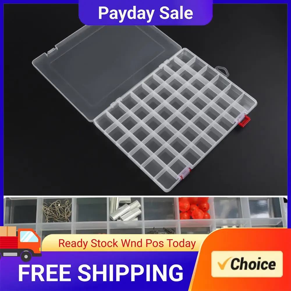 Transparent box with fishing bags, hooks, teaspoons and fishing accessories
