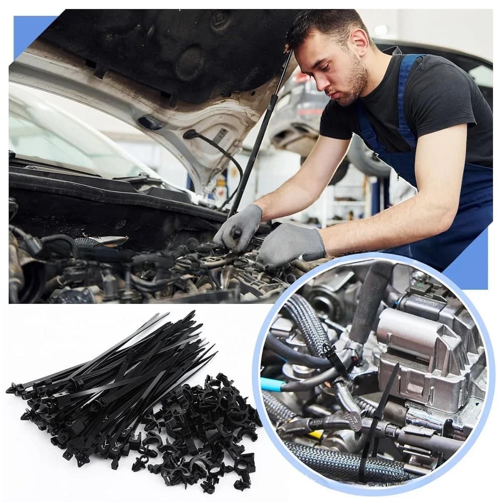 200pcs Black Nylon Car Wire Routing Clip Push Mount Cable Tie Assortment Wiring Harness Fastener For Auto Interior Trim