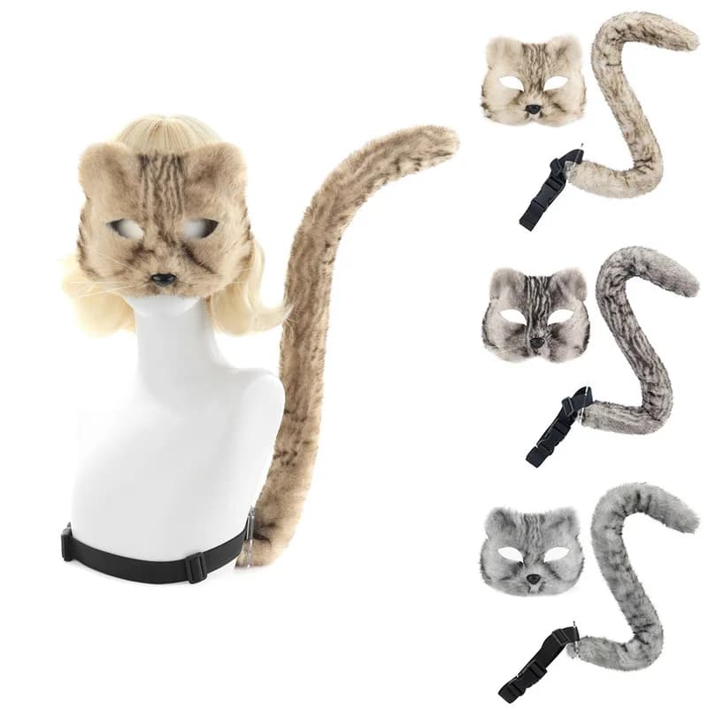 Le Cool Simulated Tabby 2026 New Model Cat Mask with Face Covering, Plush Tail, Cosplay Performance Prop