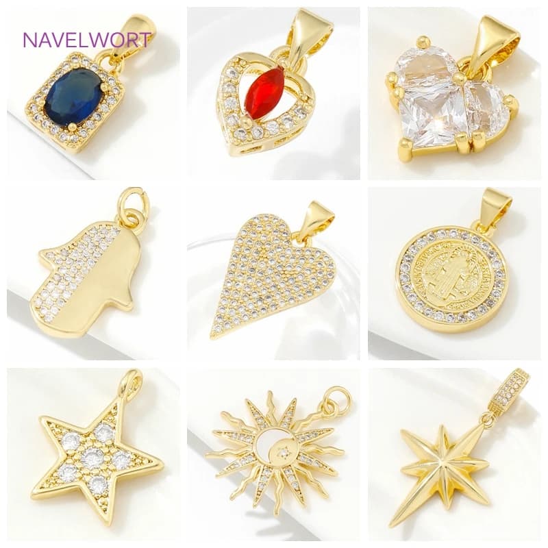 Ciondoli a forma di cuore/sole/stella in ottone placcato oro 18 carati con cristalli, ciondoli per gioielli, accessori per la creazione di collane fai da te.