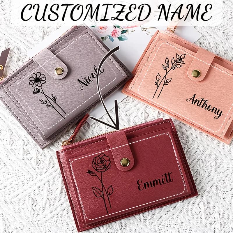 Personalized Name Women PU Leather Female Wallets Custom Birth Flower Mini Solid Multi-Cards Holder Coin Short Purse Zipper Hasp