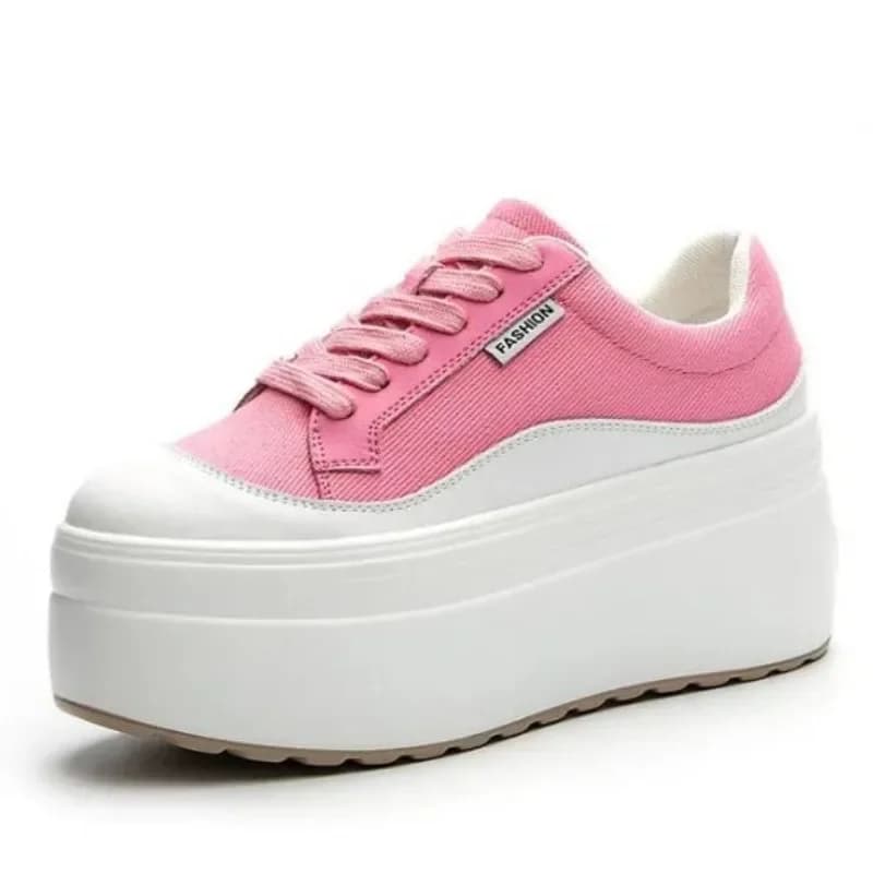 8 cm new canvas true leather woman pink fashion sneakers shoes with plateau wedge hidden heel woman summer color mixed vulcanize