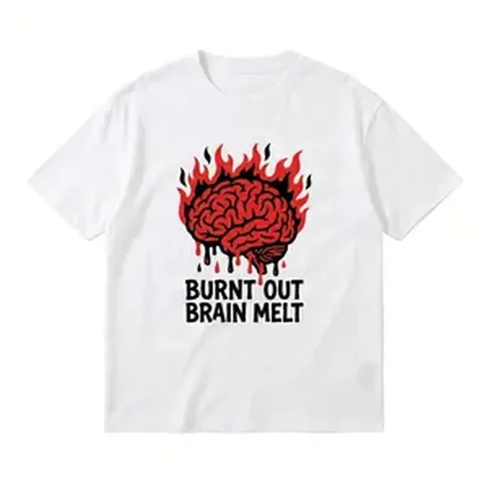 Men's casual printed T-shirt brain melt print with plain decoration, breathable crew neck design, trendy summer street style clothing, machine washable, comfortable and versatile daily fashion top, regular fit, pure cotton