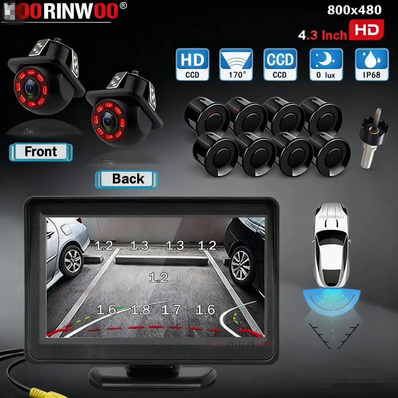 Koorinwoo Dynamic Trajectory Car Parking Sensor Rearivew Camera 8 Probes Alarm Front Camera Reverse 4 Probes Alarm Parktronic